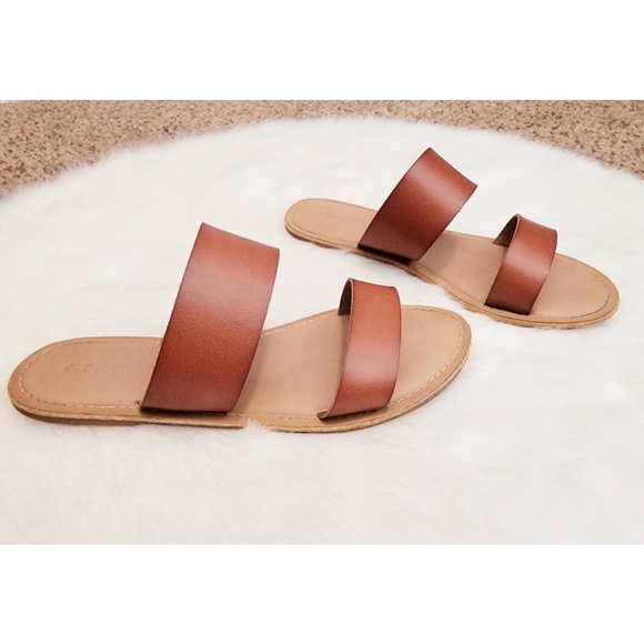 Double Strap Cognac Slide Sandals 